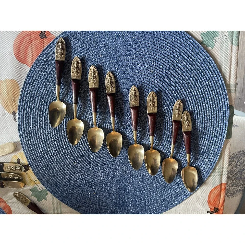 Flatware Set Serving For 8 VTG MCM Mid Century Brass Teak Rosewood Dessert Thai